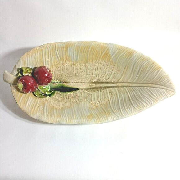 ENCHANTO Dish #324 Pottery Leaf Red Apples California USA approximately 8" x 16" - Picture 1 of 11